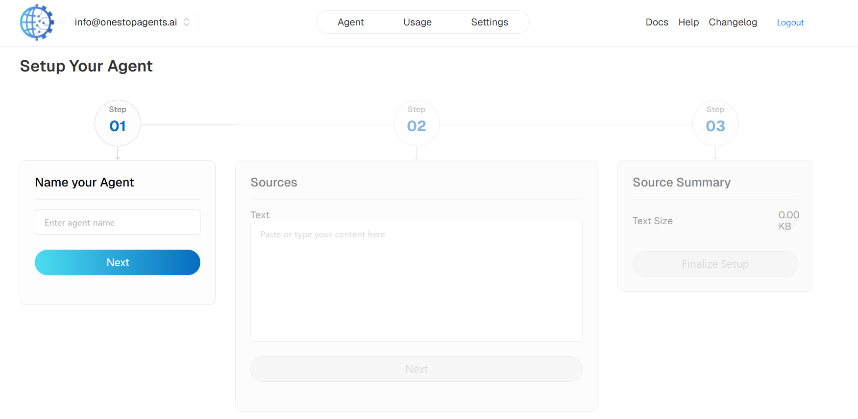 Screenshot of One Stop Agents AI Platform v0.1