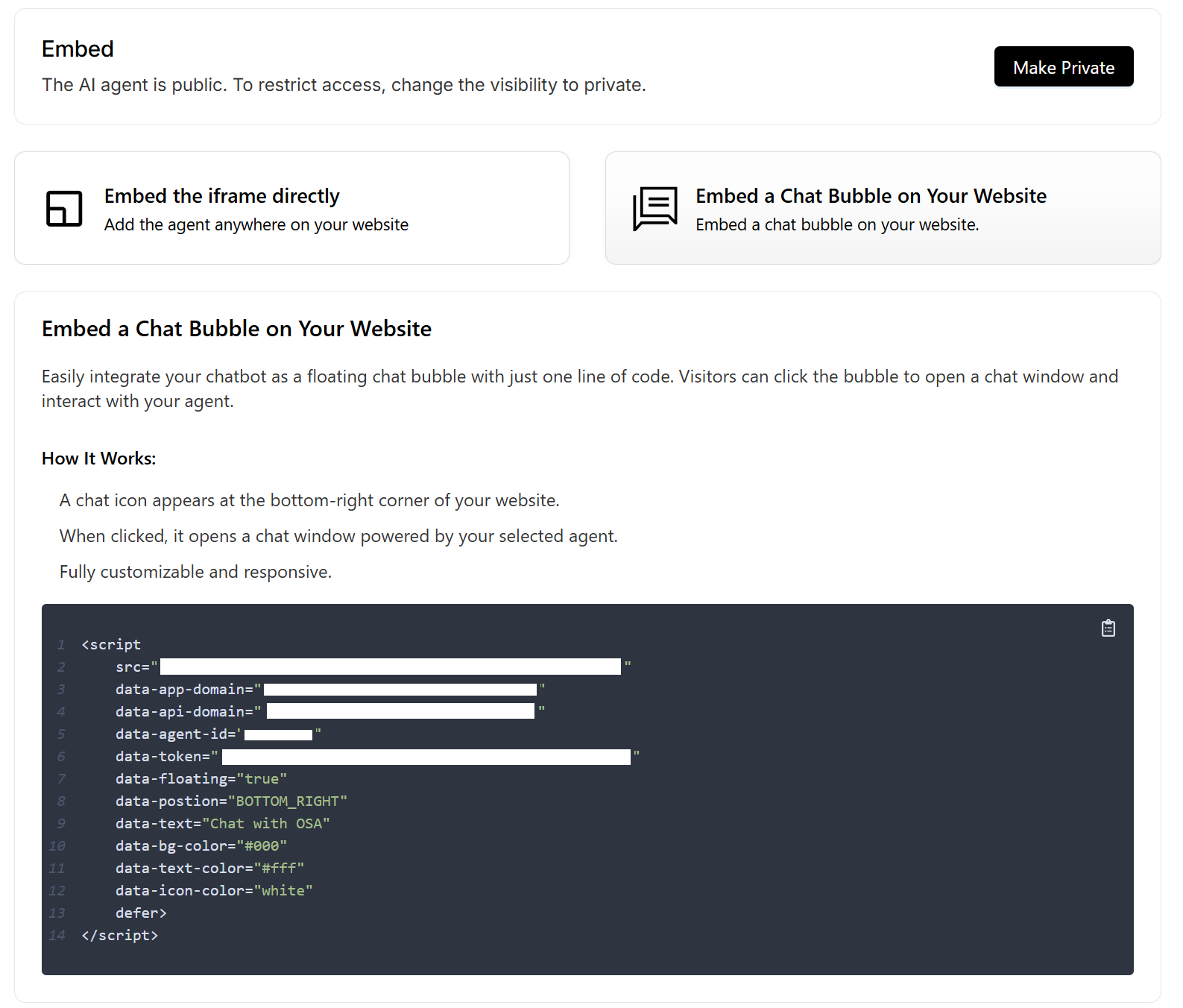 Connect settings for making your agent public and generating embed code