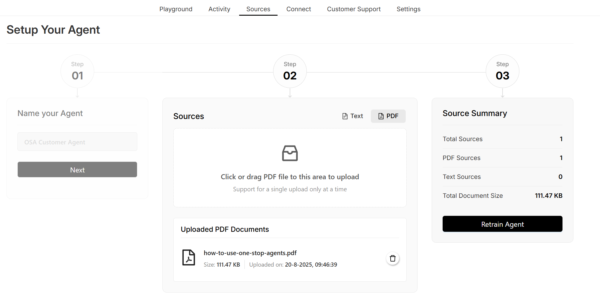 Sources management for uploading and managing training data