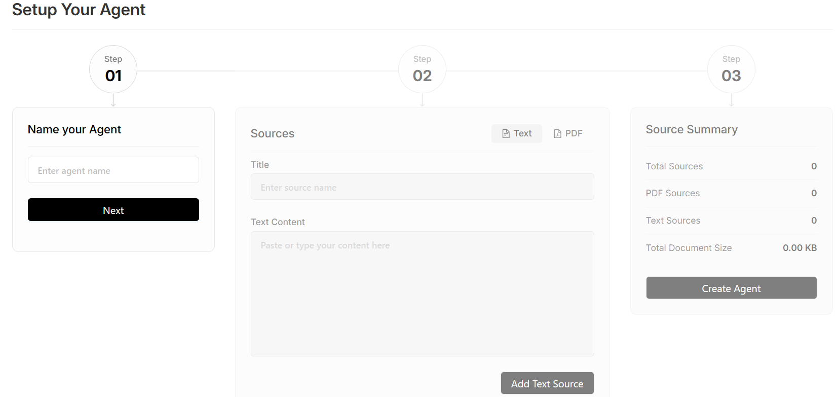 Three steps to configure the agent: name, PDF/text data, train agent